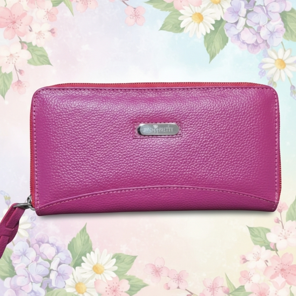 Two Pretty Handcrafted Zippered Fuchsia Leather Wallet